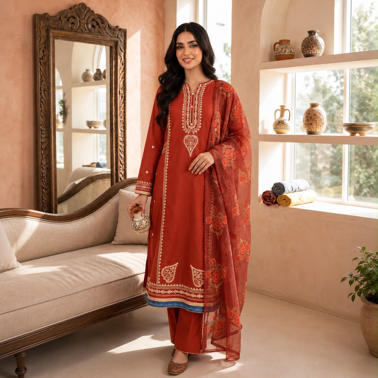 Rust Red Embroidered 3-Piece Suit d#891