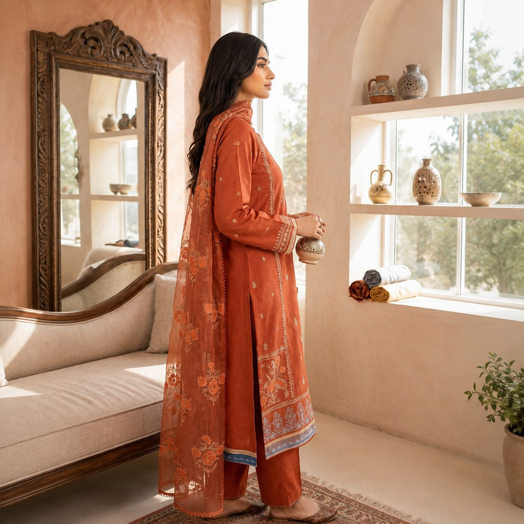 Rust Red Embroidered 3-Piece Suit d#891