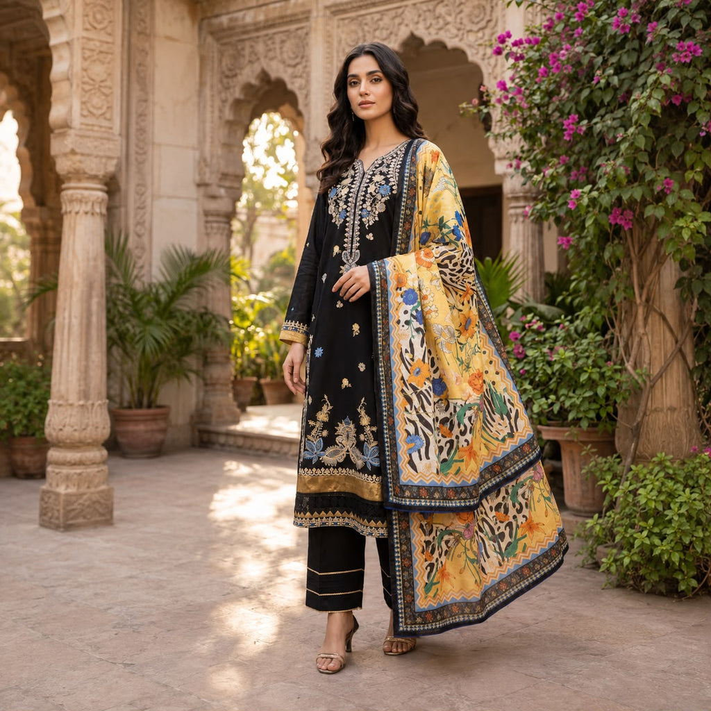 Elegant Black Floral 3-Piece Suit with Printed Dupatta #317A