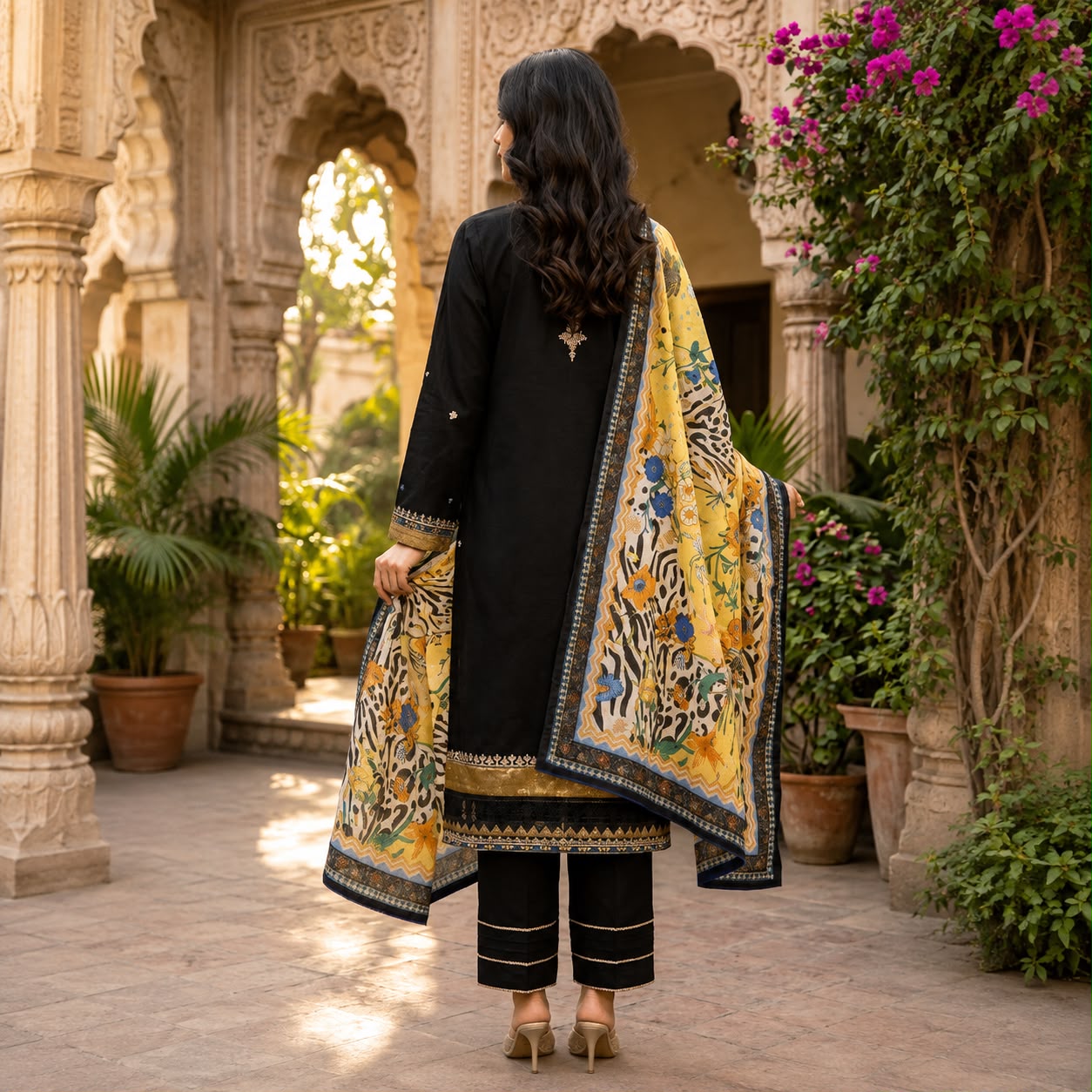 Elegant Black Floral 3-Piece Suit with Printed Dupatta #317A
