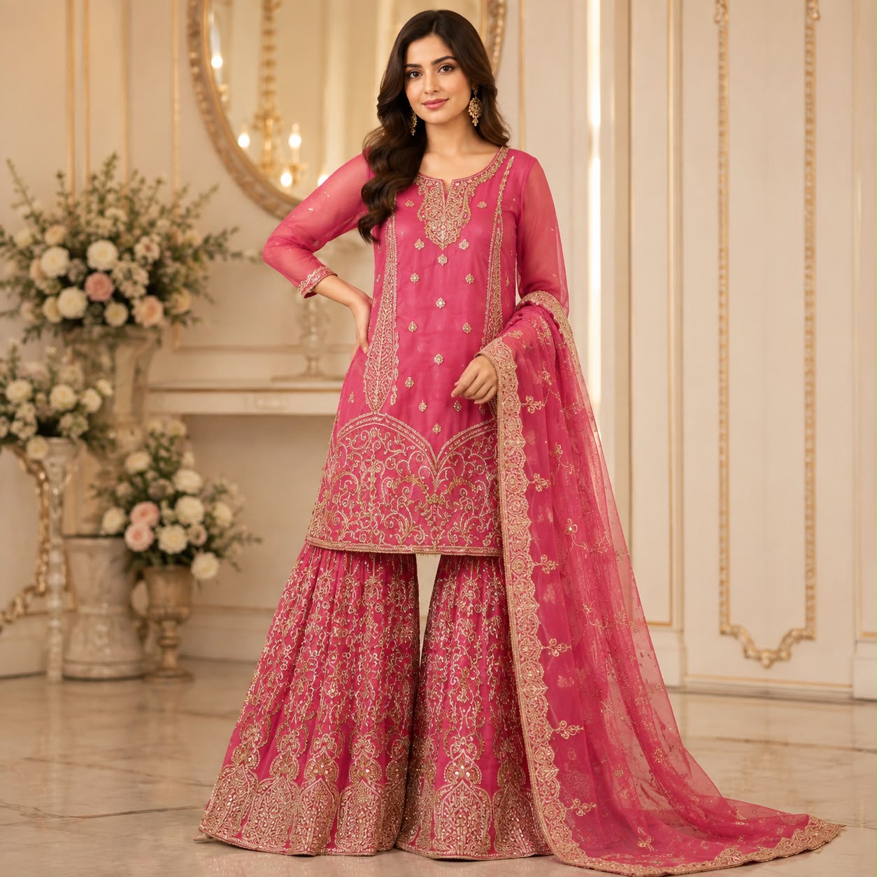 Hyyas 6 Kali Gharara 3-pice shocking pink