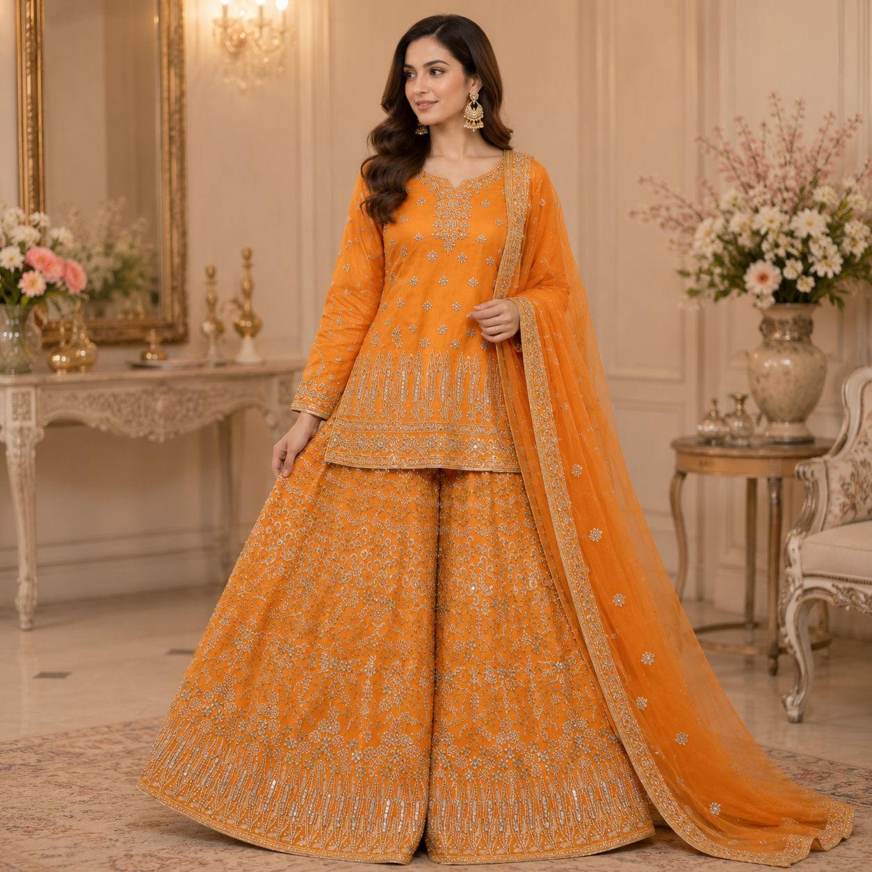 Mustard Yellow Floral Embroidered Lehnga by Hyyas