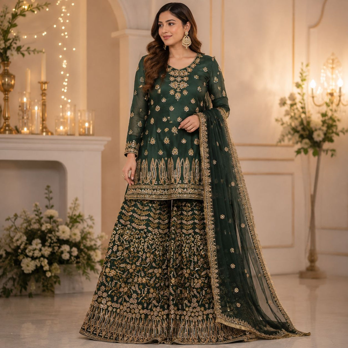 Dark Green Embroidered Lehnga by Hyyas