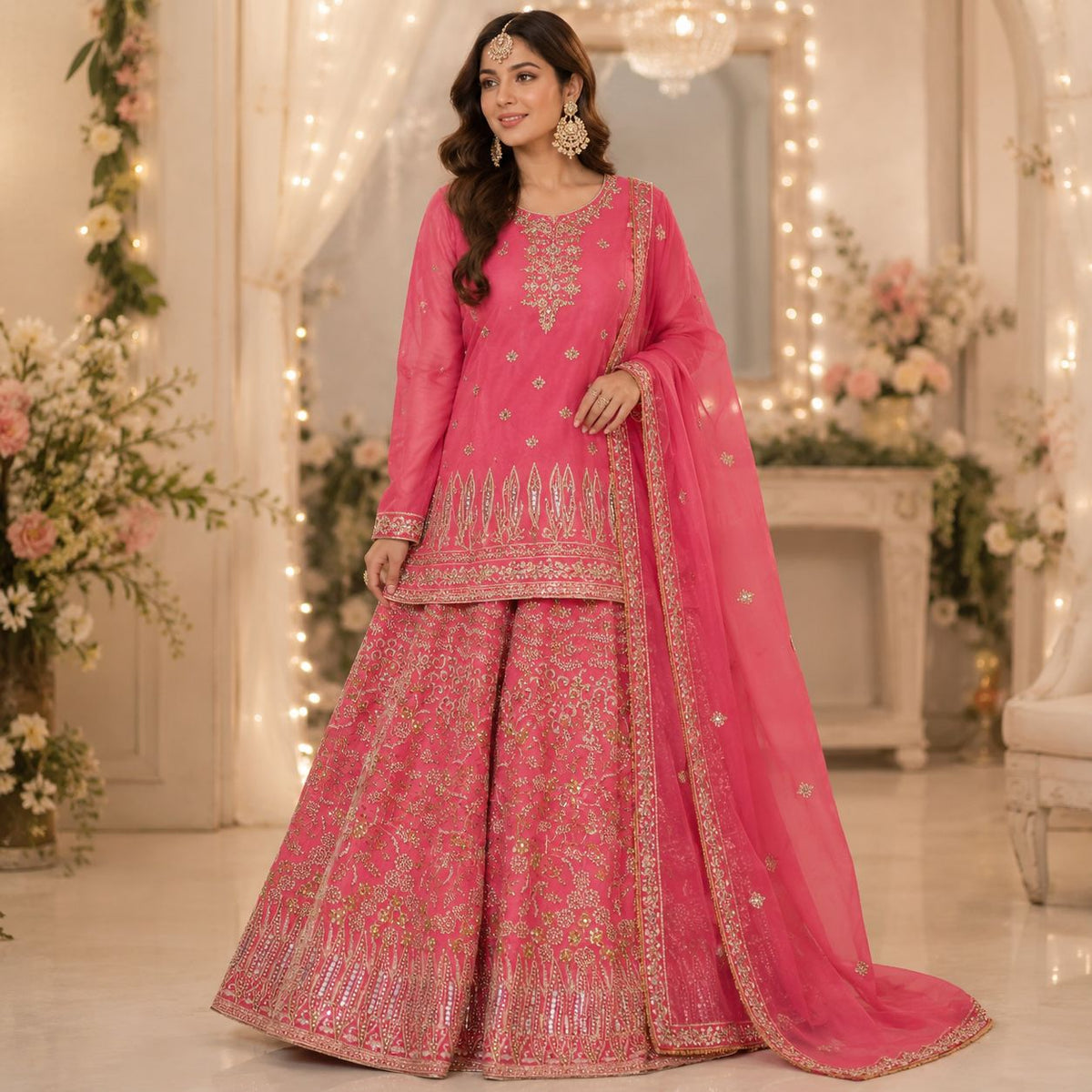 Pink Floral Embroidered Lehnga by Hyyas