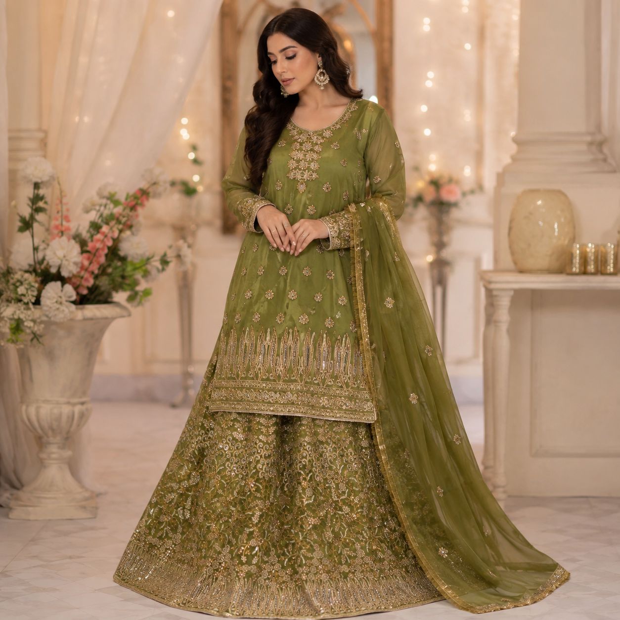 Olive Green Floral Embroidered Lehnga by Hyyas