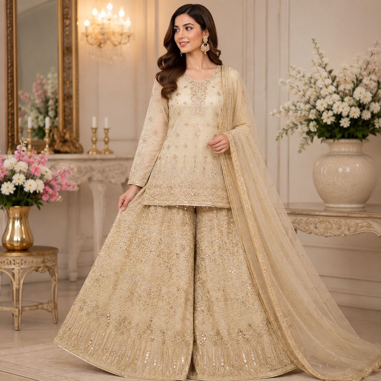 Beige / Nude Floral Embroidered Lehnga by Hyyas