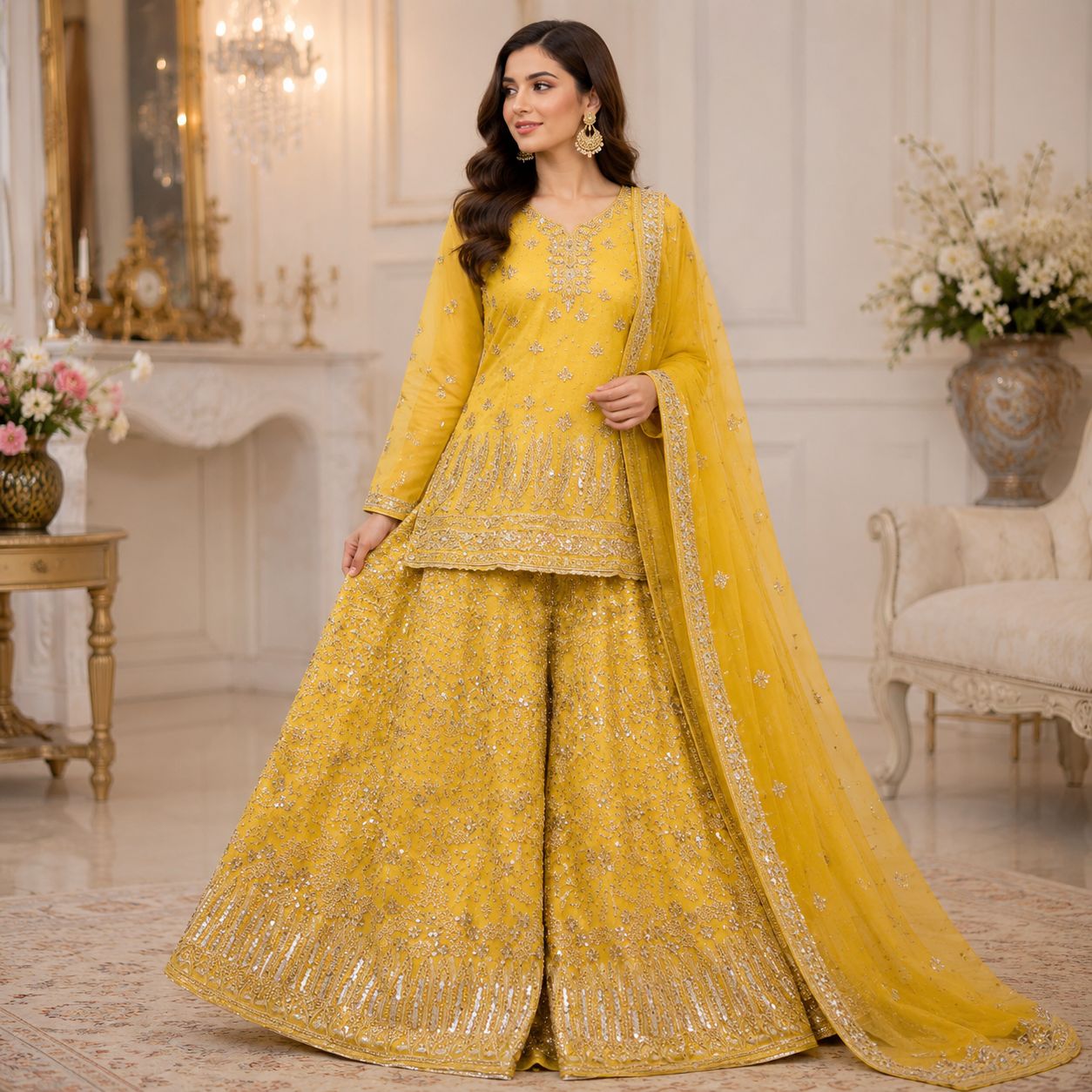 Golden Mustard Sharara Set by Hyyas