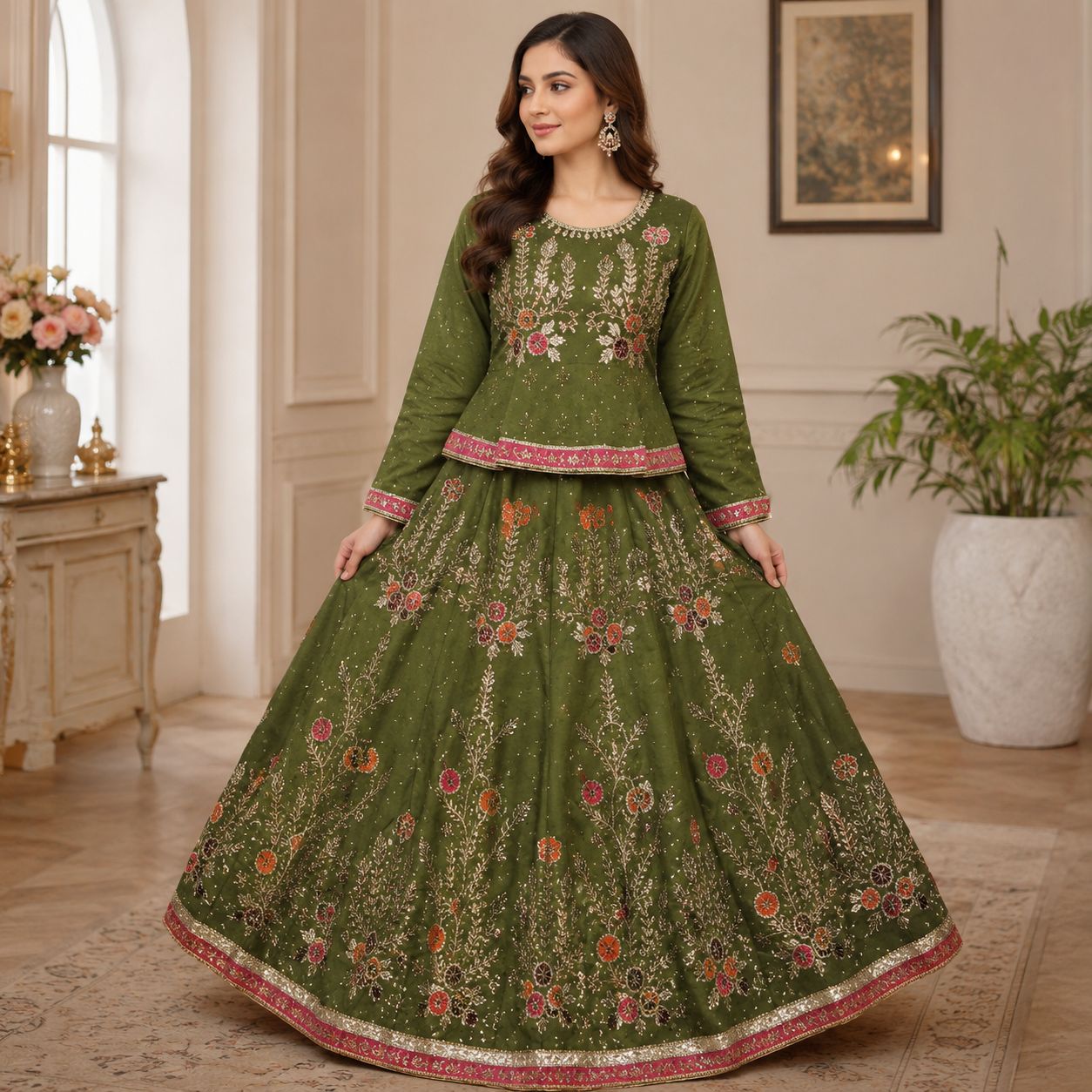 Green Embroidered Sharara Set by Hyyas