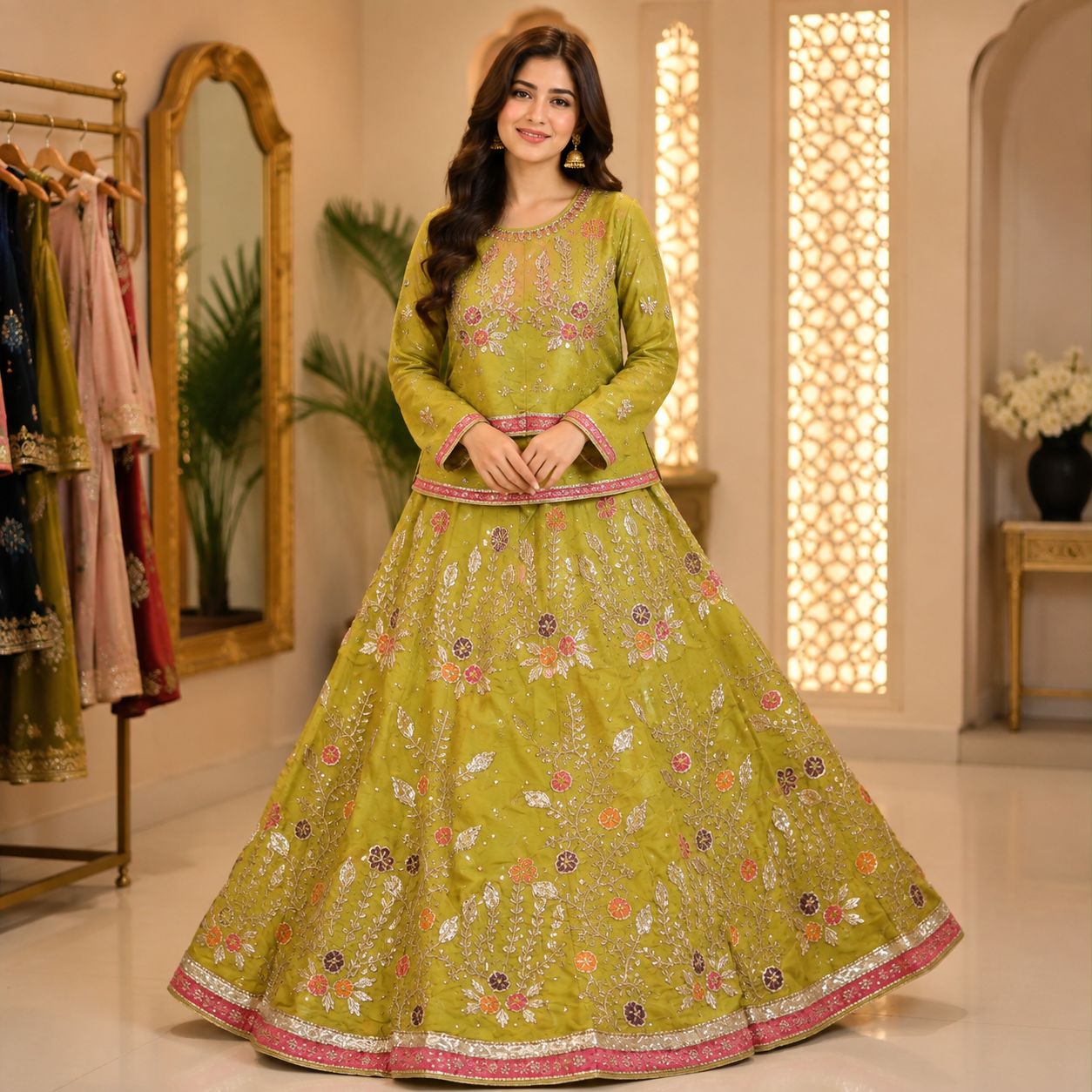 Olive Green Heavy Embroidered Sharara Set by Hyyas