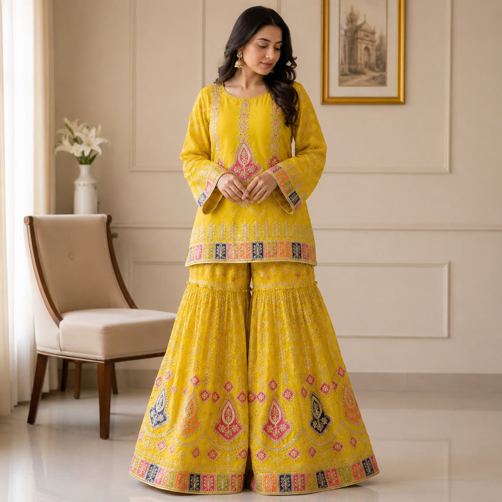 Mustard Yellow Embroidered Sharara Lehnga 2 piece by Hyyas
