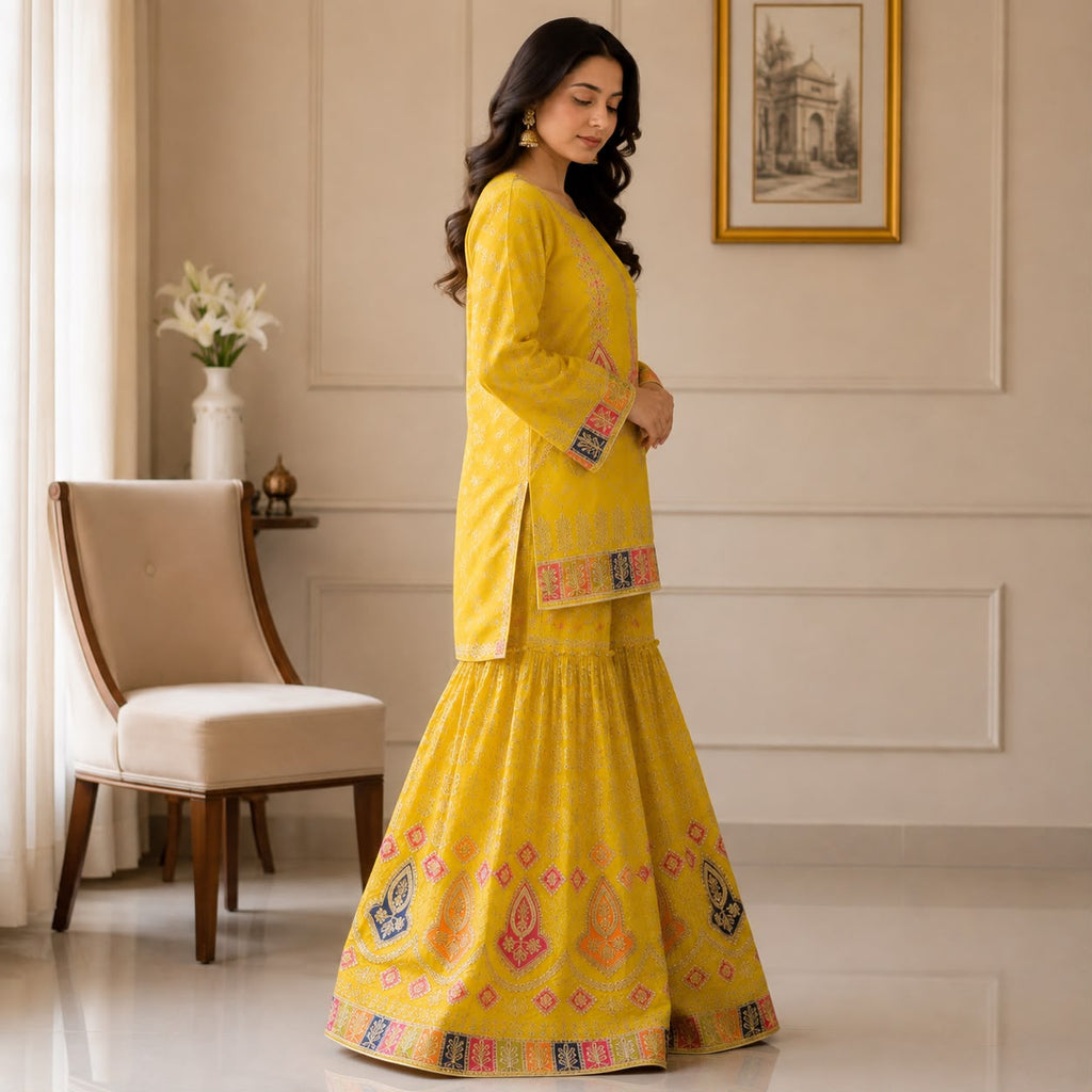 Mustard Yellow Embroidered Sharara Lehnga 2 piece by Hyyas