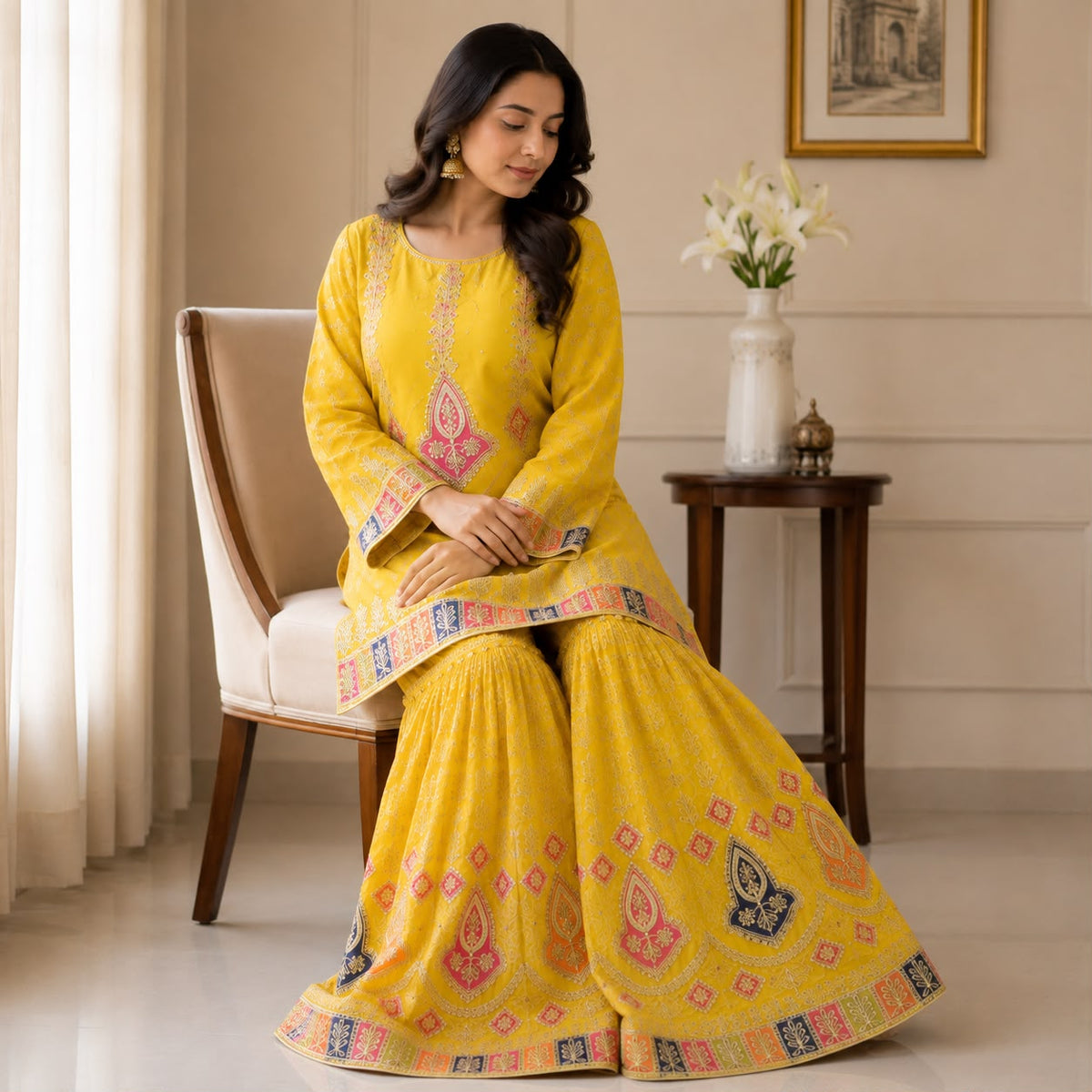 Mustard Yellow Embroidered Sharara Lehnga 2 piece by Hyyas