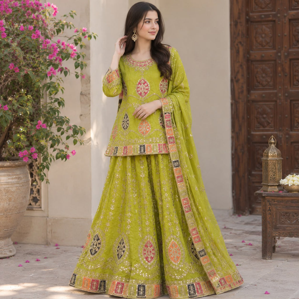 Beautiful Olive Green Embroidered Lehnga Choli 2 piece by Hyyas