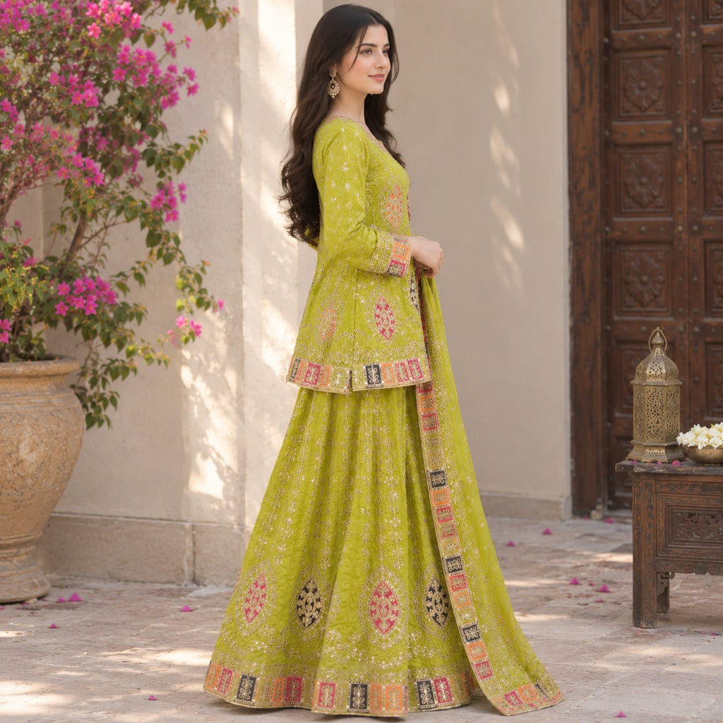 Beautiful Olive Green Embroidered Lehnga Choli 2 piece by Hyyas