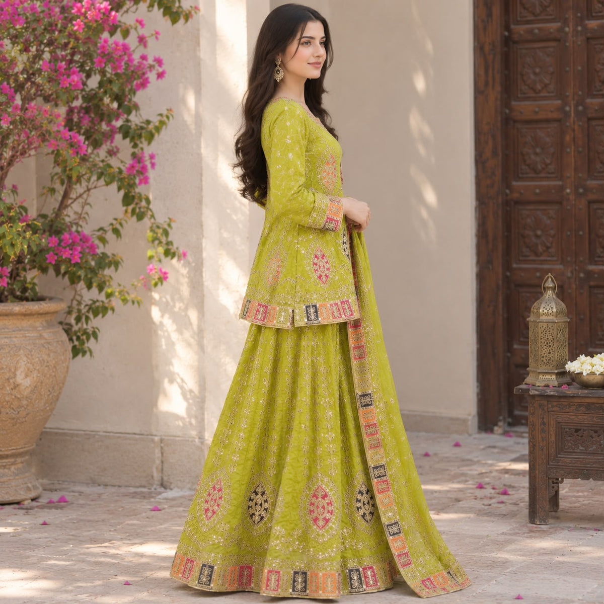 Beautiful Olive Green Embroidered Lehnga Choli 2 piece by Hyyas