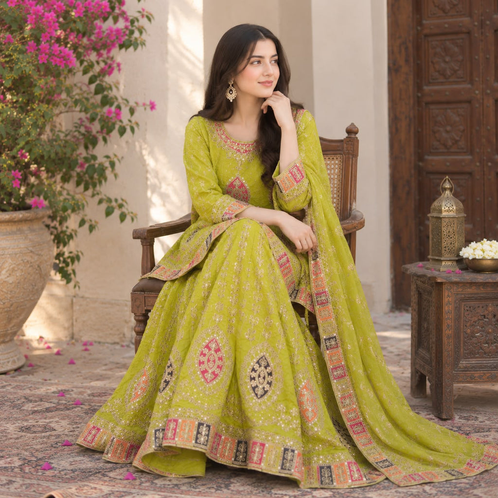 Beautiful Olive Green Embroidered Lehnga Choli 2 piece by Hyyas