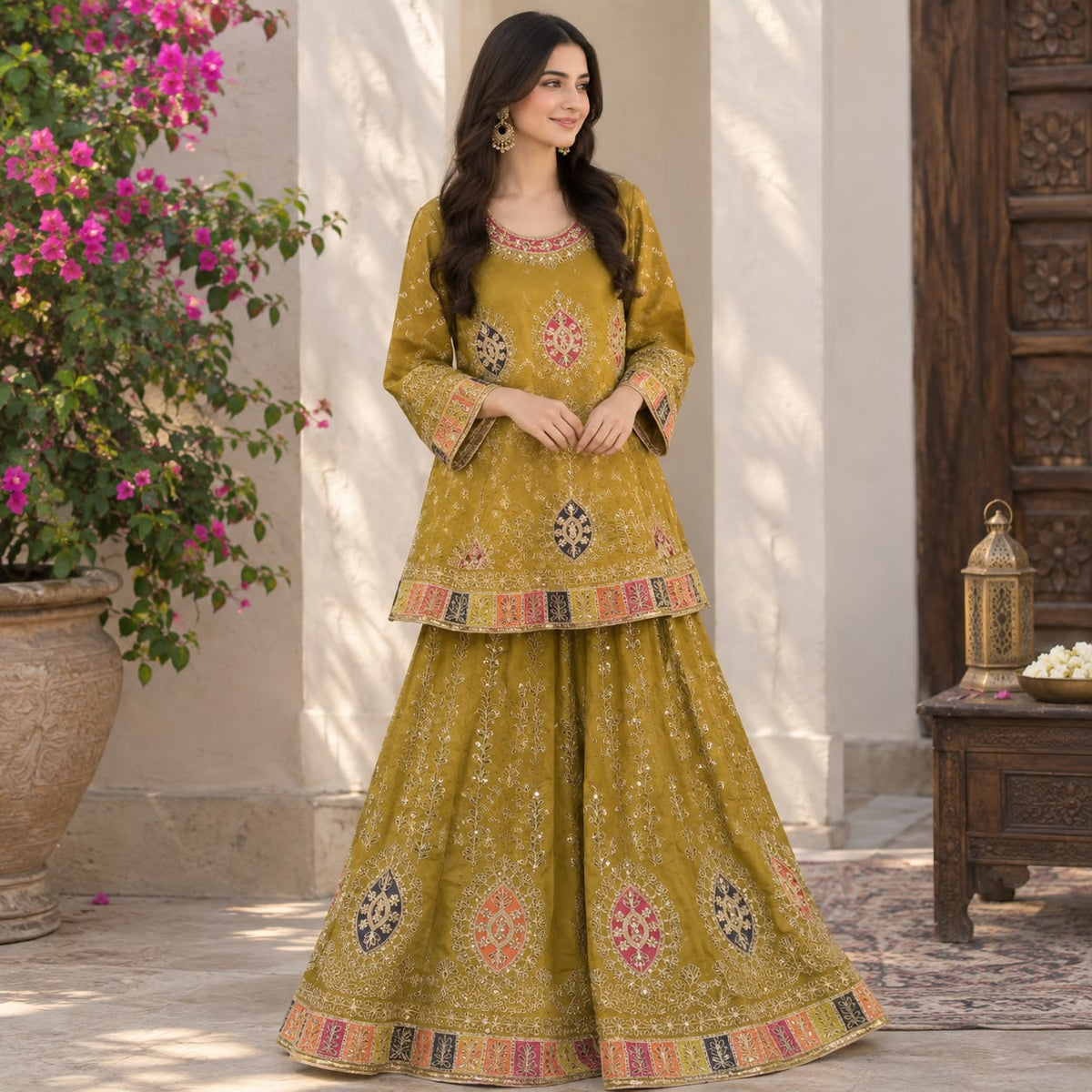 Mustard Olive Embroidered Sharara Lehnga 2peice by Hyyas