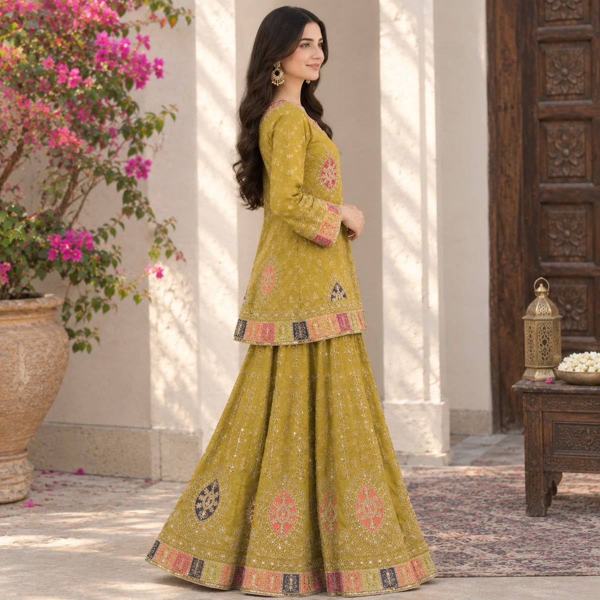 Mustard Olive Embroidered Sharara Lehnga 2peice by Hyyas