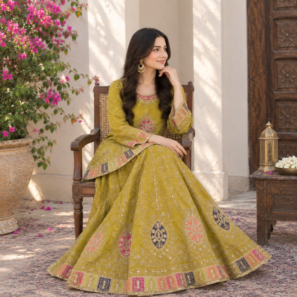 Mustard Olive Embroidered Sharara Lehnga 2peice by Hyyas