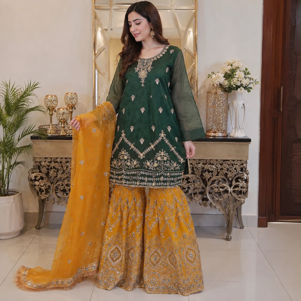 Green oringe Contrast Gharara Tissue 3-peice by Hyyas