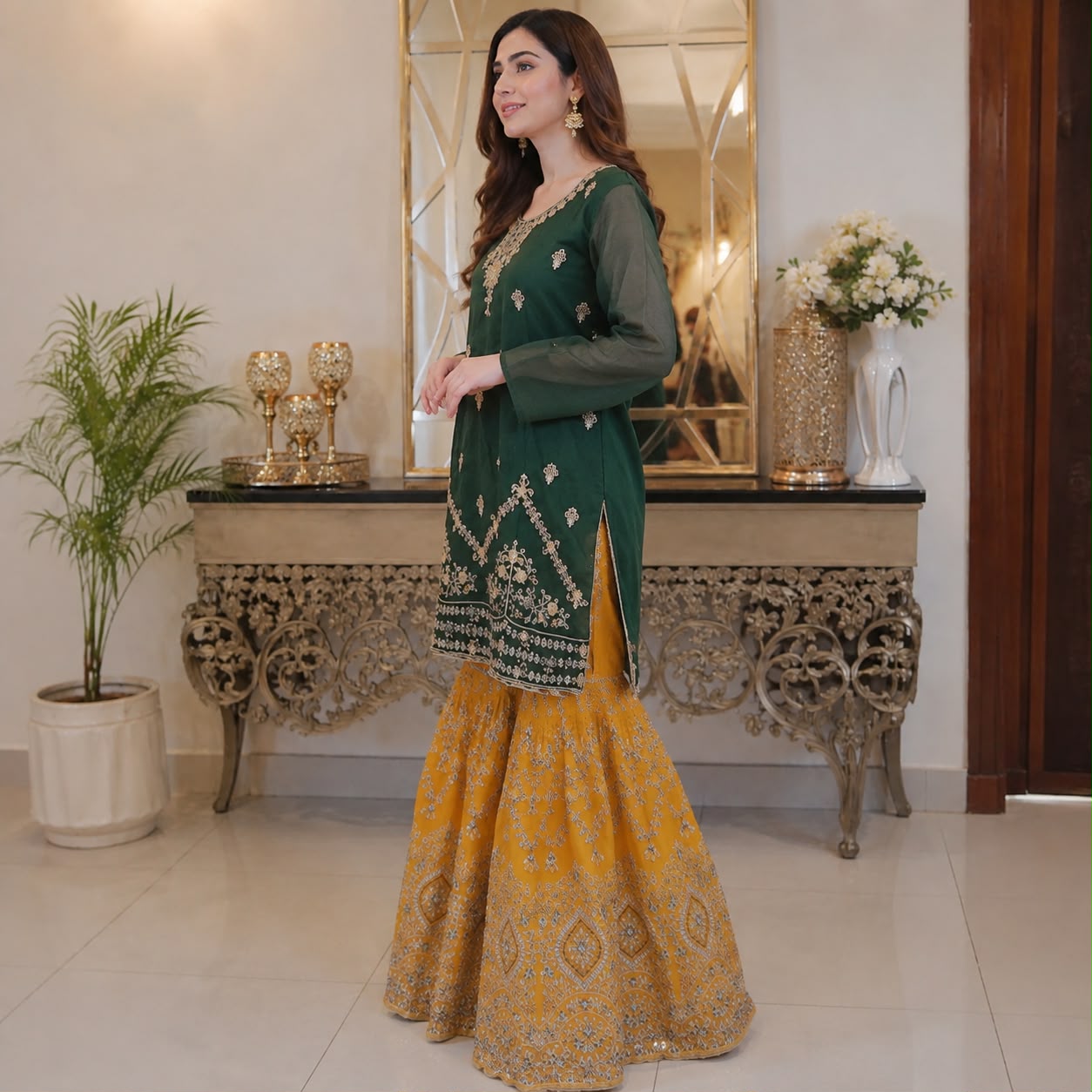 Green oringe Contrast Gharara Tissue 3-peice by Hyyas