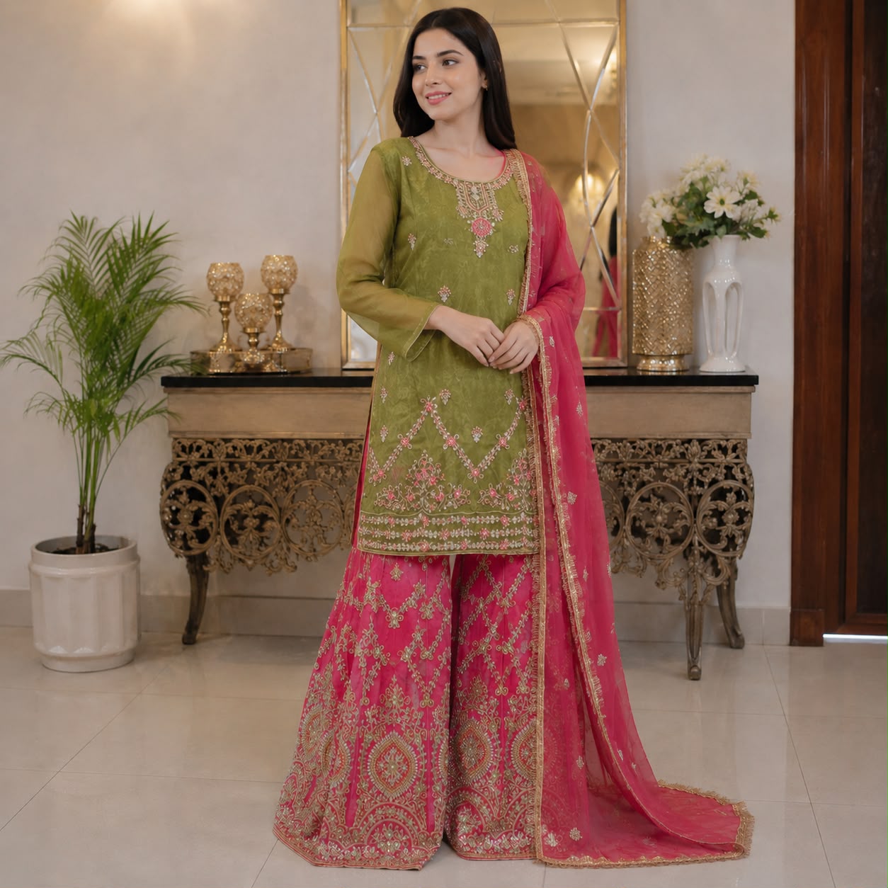 Pink Contrast Gharara Tissue 3-peice by hyyas