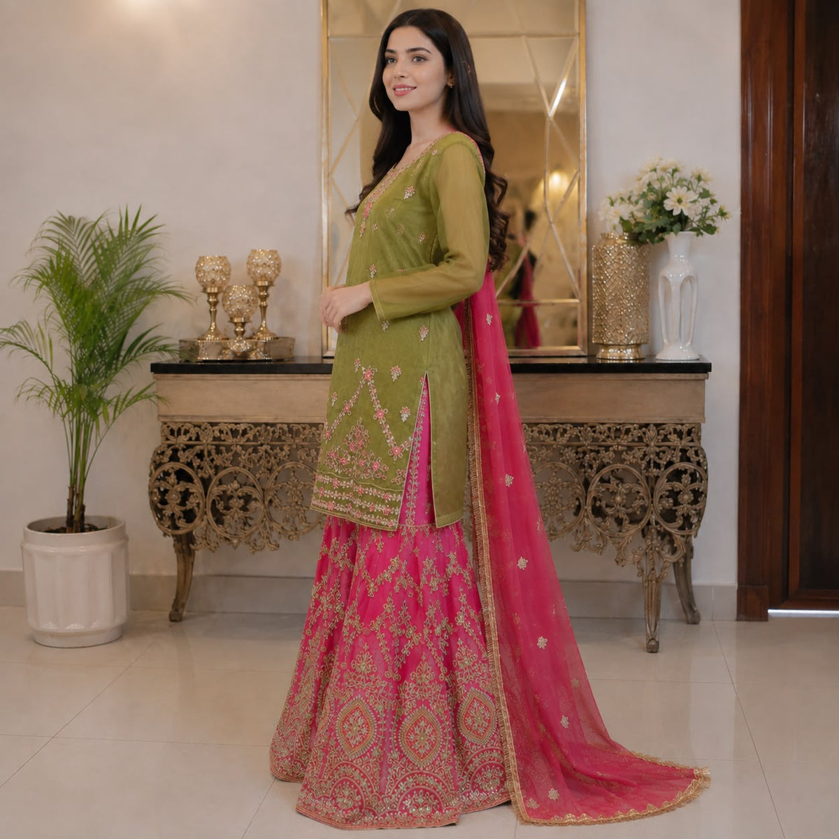Pink Contrast Gharara Tissue 3-peice by hyyas