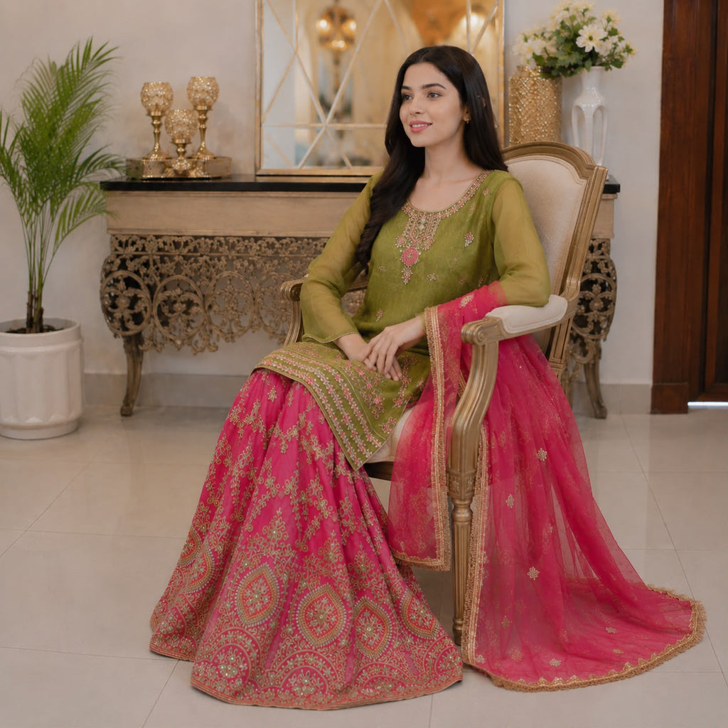 Pink Contrast Gharara Tissue 3-peice by hyyas