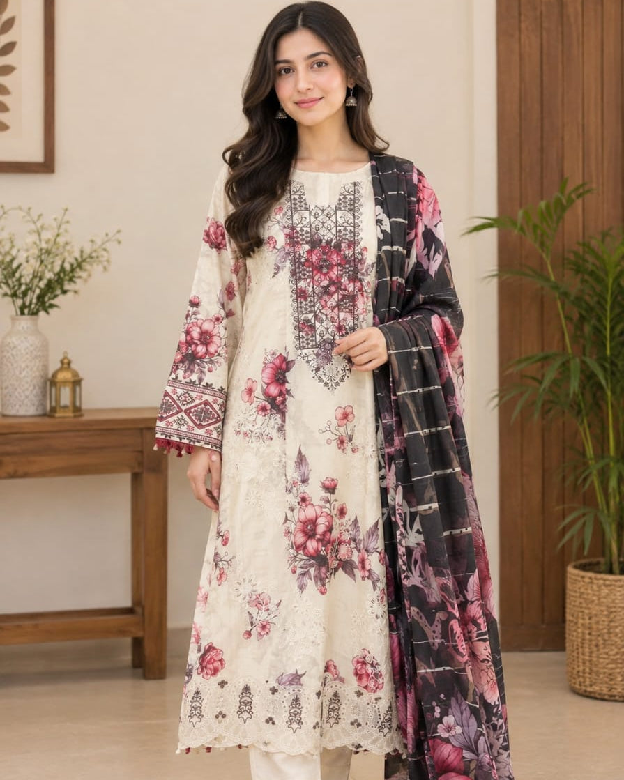 Off-White Digital Printed Lawn Kurta Set with Voile Dupatta