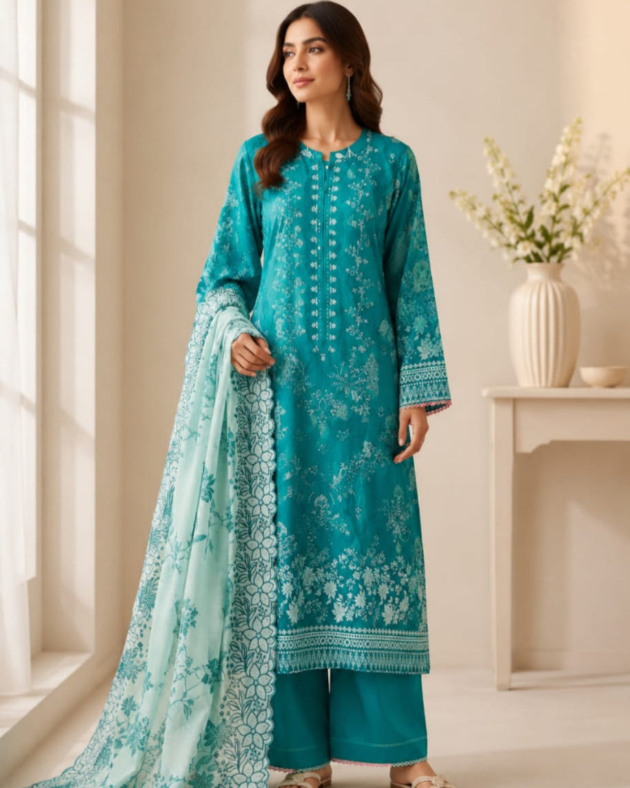 Embroidered Lawn Kurta Set with lawn  Dupatta
