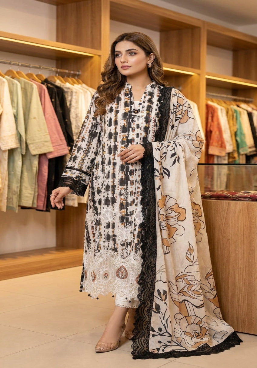Premium Striped Lawn Digital Printed Daman Applique Tissue Lace Shirt | Digital Printed Voil Dupatta | Comfort Dyed Trouser
