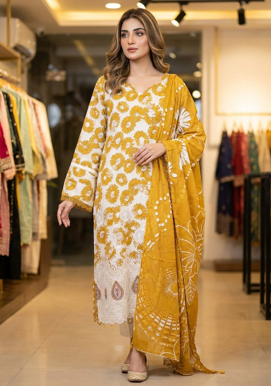 Premium Striped Lawn Digital Printed Daman Applique Tissue Lace Shirt | Digital Printed Voil Dupatta | Comfort Dyed Trouser