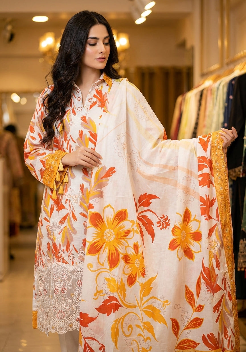 Premium Striped Lawn Digital Printed Shirt with Daman Applique Tissue Lace | Digital Printed Voil Dupatta | Comfort Dyed Trouser