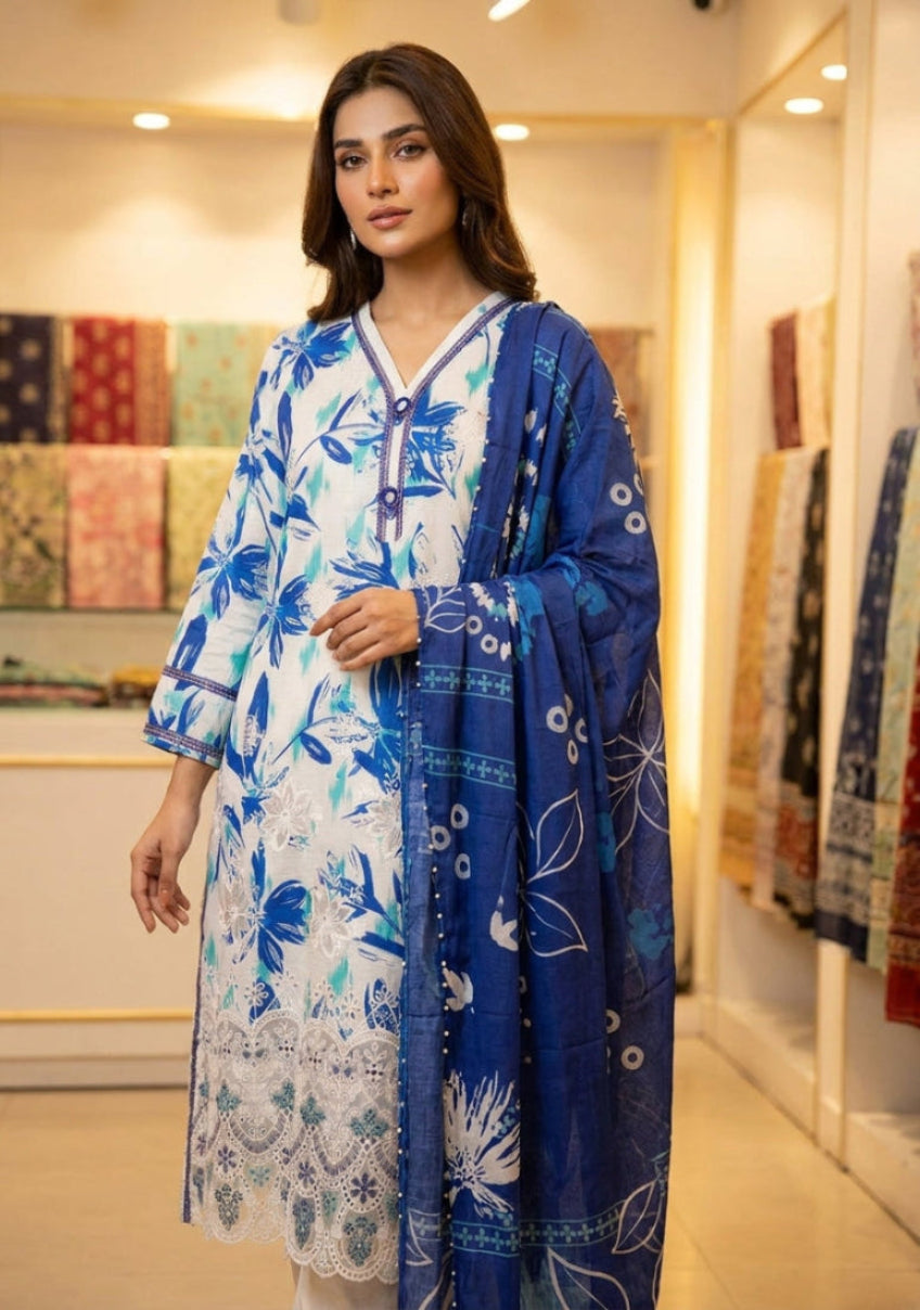 Premium Striped Lawn Digital Printed Daman Applique Tissue Lace Shirt | Digital Printed Voil Dupatta | Comfort Dyed Trouser