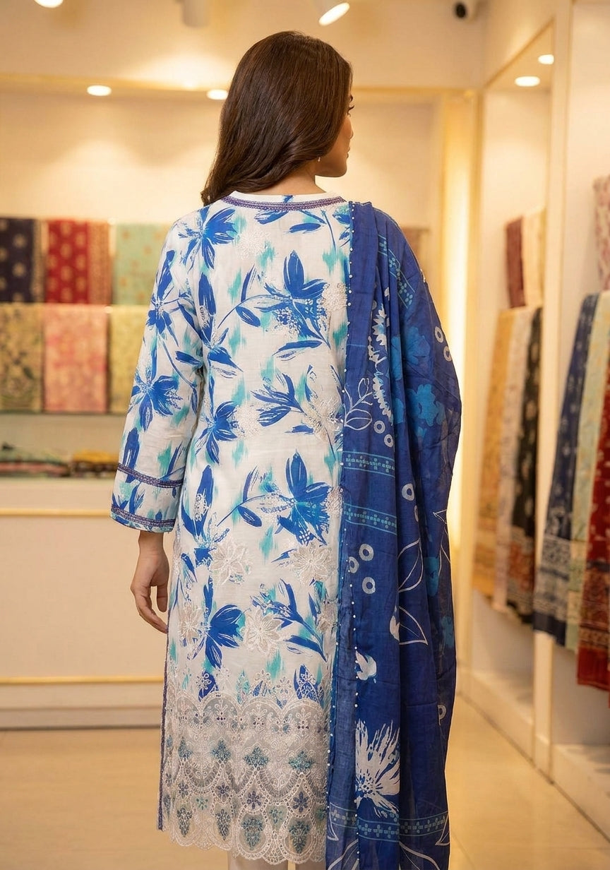 Premium Striped Lawn Digital Printed Daman Applique Tissue Lace Shirt | Digital Printed Voil Dupatta | Comfort Dyed Trouser