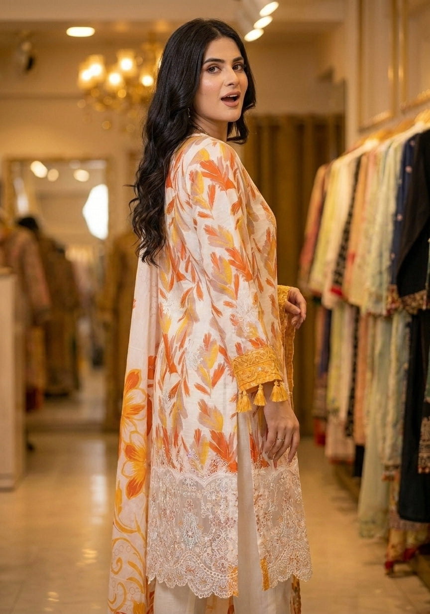 Premium Striped Lawn Digital Printed Shirt with Daman Applique Tissue Lace | Digital Printed Voil Dupatta | Comfort Dyed Trouser