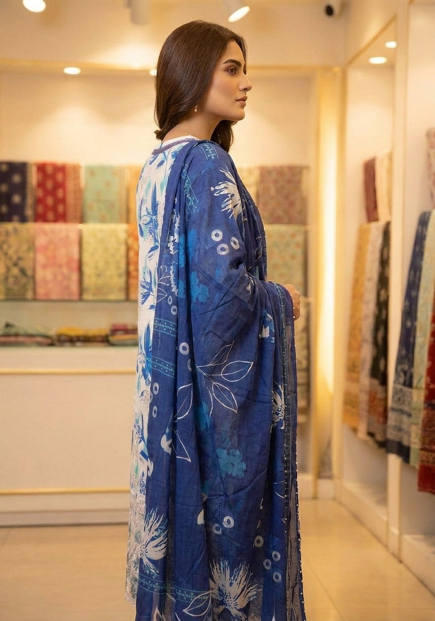 Premium Striped Lawn Digital Printed Daman Applique Tissue Lace Shirt | Digital Printed Voil Dupatta | Comfort Dyed Trouser