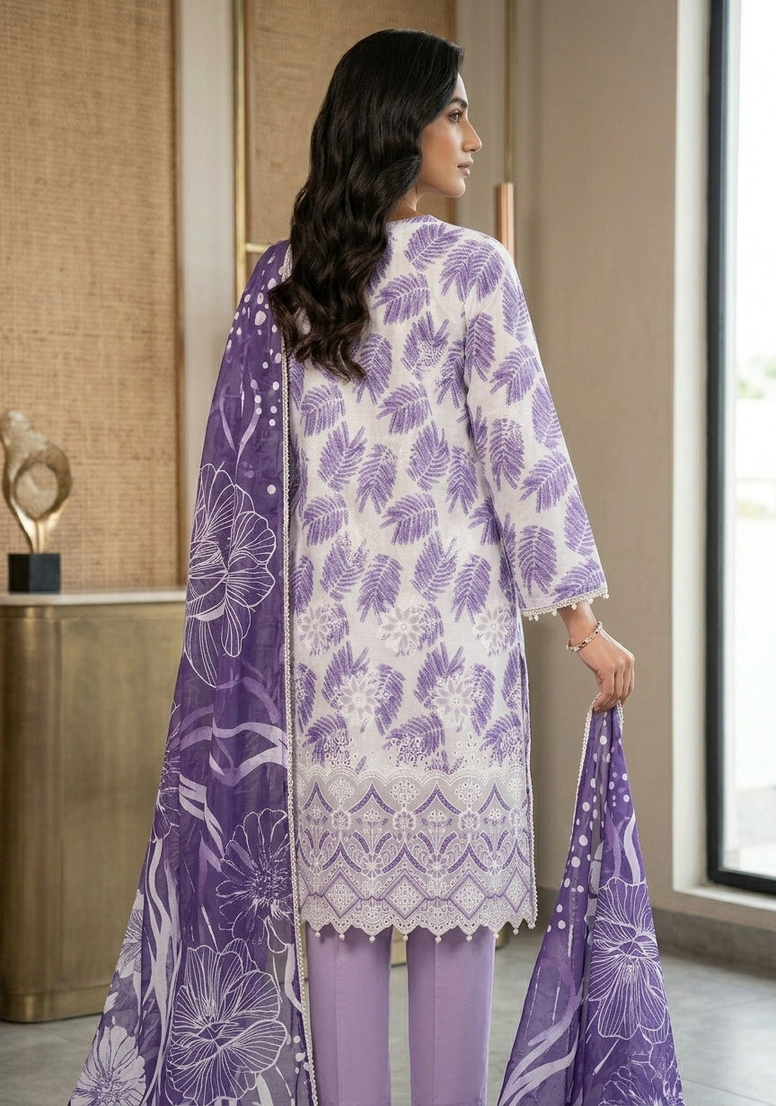 Premium Striped Lawn Digital Printed Shirt with Daman Applique Tissue Lace | Digital Printed Voil Dupatta | Comfort Dyed Trouser