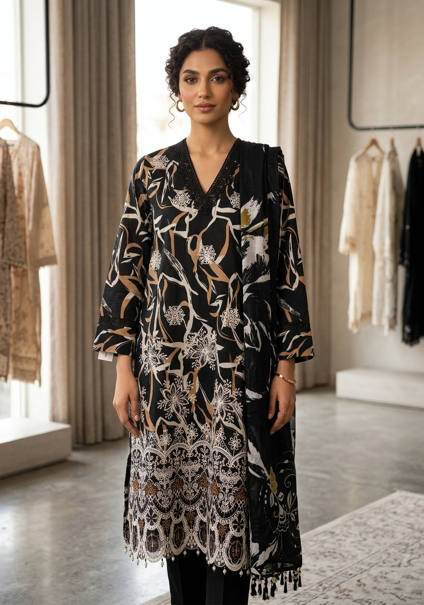Premium Striped Lawn Digital Printed Shirt with Daman Applique Tissue Lace | Digital Printed Voil Dupatta | Comfort Dyed Trouser