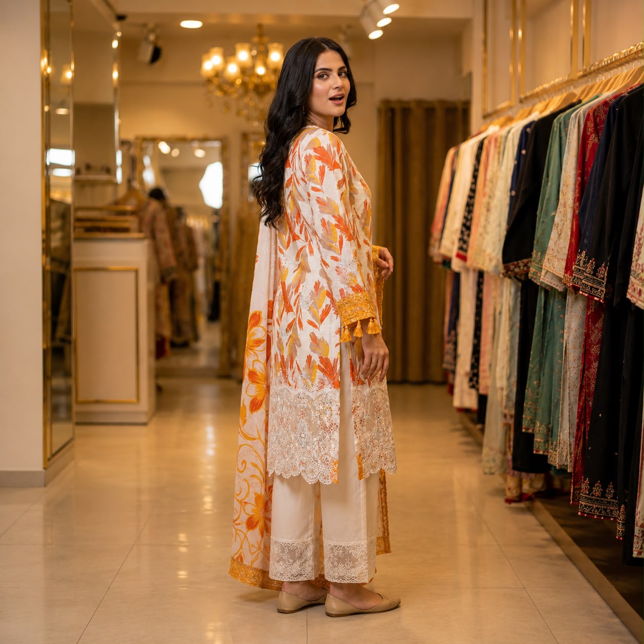 Premium Striped Lawn Digital Printed Shirt with Daman Applique Tissue Lace | Digital Printed Voil Dupatta | Comfort Dyed Trouser