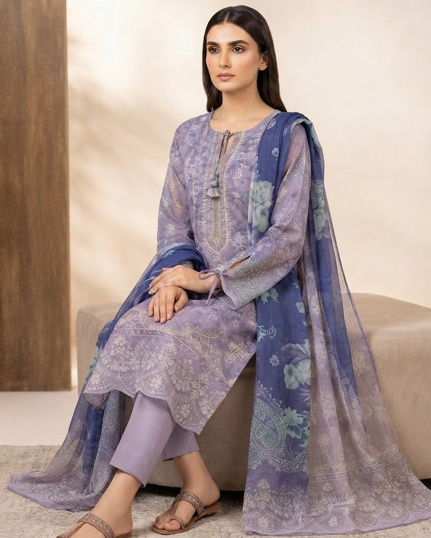Lavender Floral Embroidered 3-Piece Kurta Set with Chiffon Dupatta