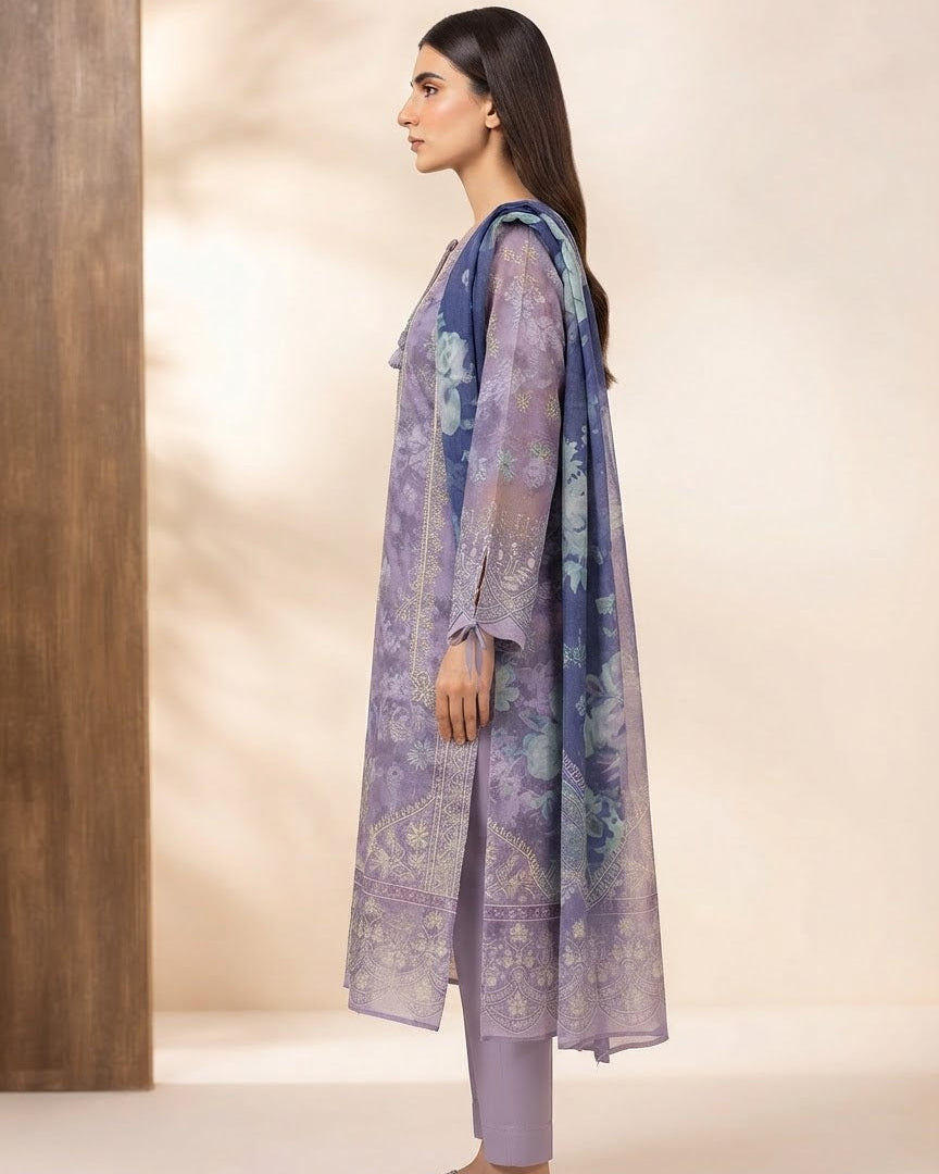 Lavender Floral Embroidered 3-Piece Kurta Set with Chiffon Dupatta