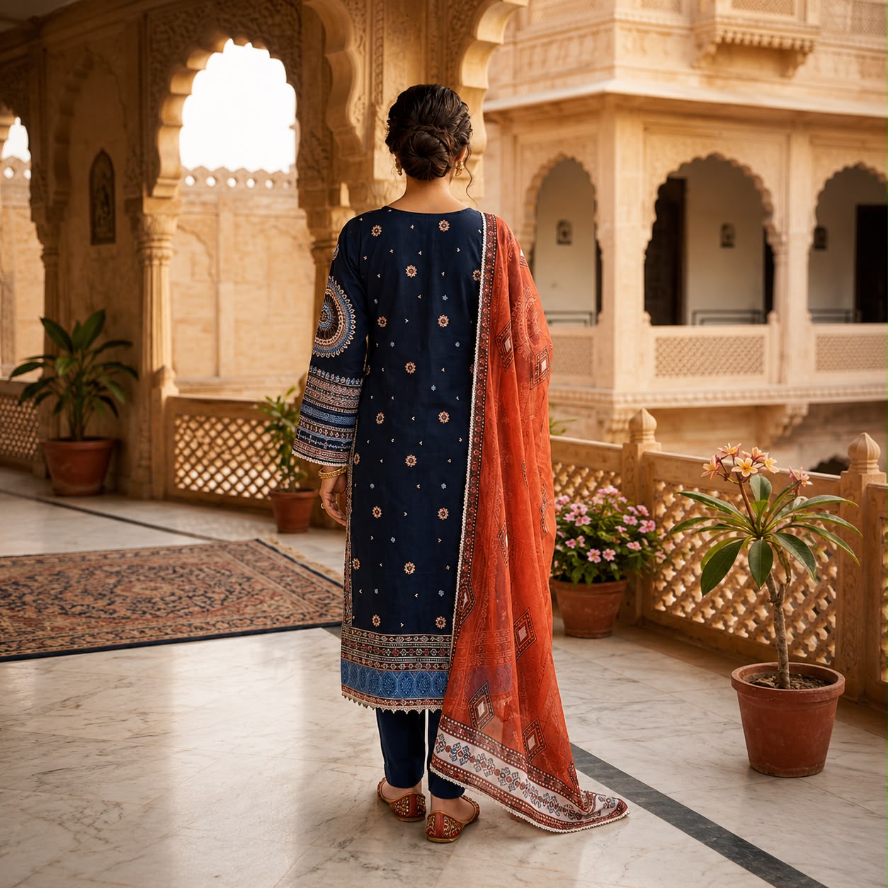 Elegant Navy Blue Embroidered 3-Piece Suit with Rust Dupatta D#260
