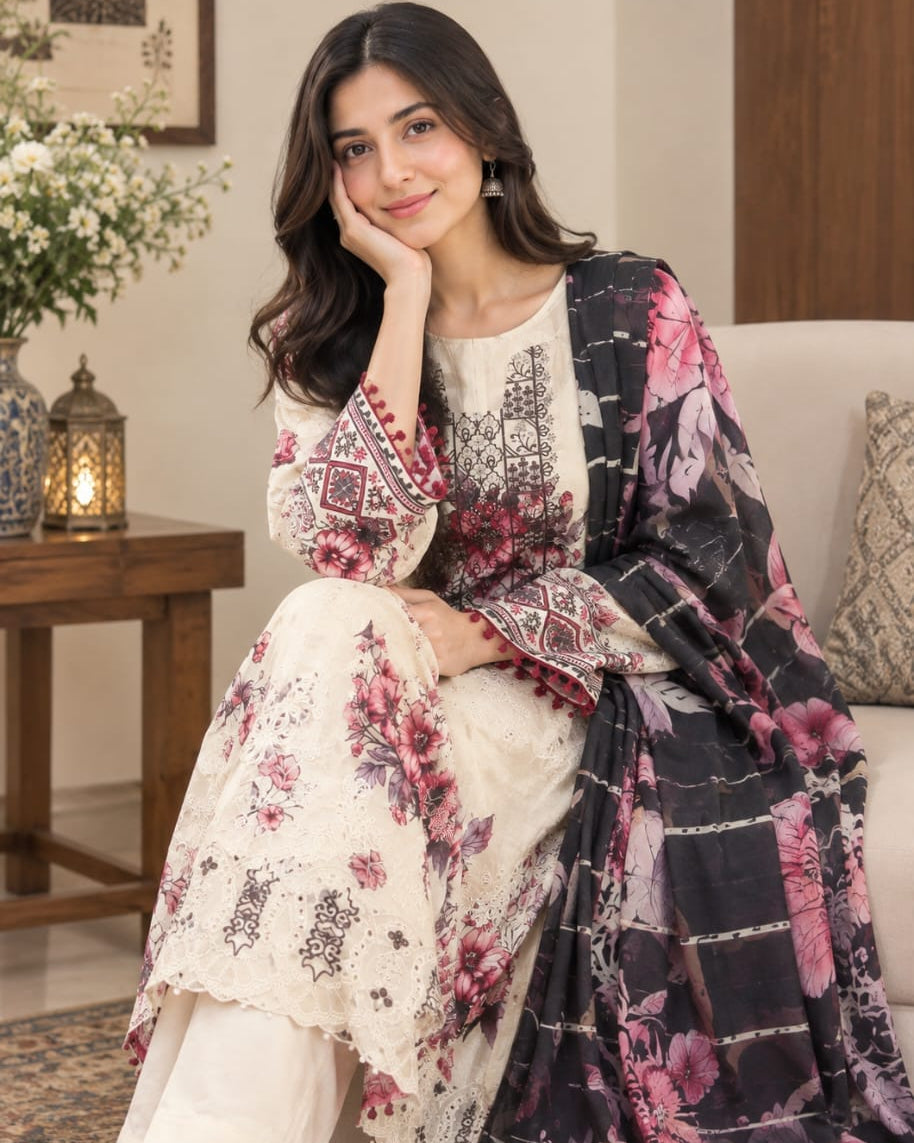 Off-White Digital Printed Lawn Kurta Set with Voile Dupatta