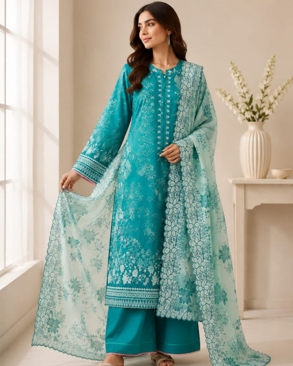 Embroidered Lawn Kurta Set with lawn  Dupatta