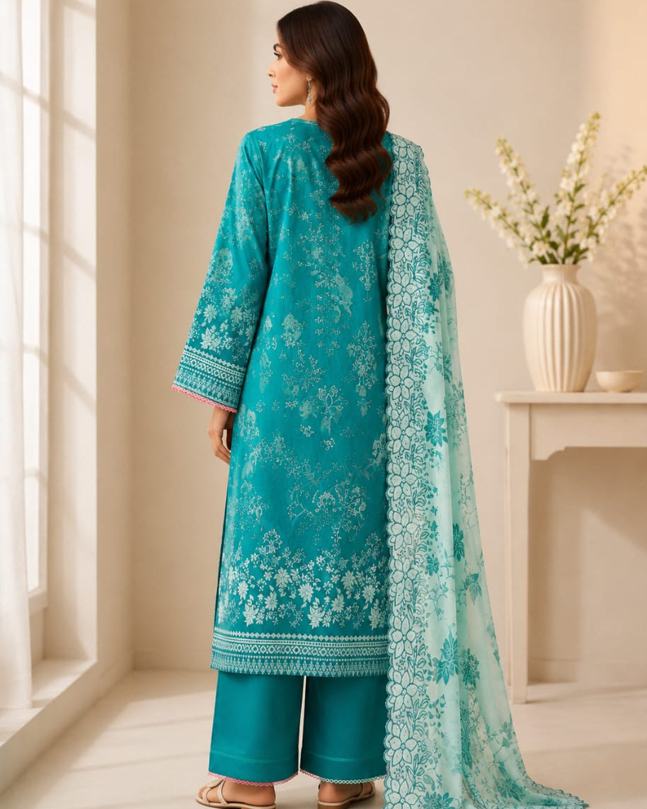 Embroidered Lawn Kurta Set with lawn  Dupatta