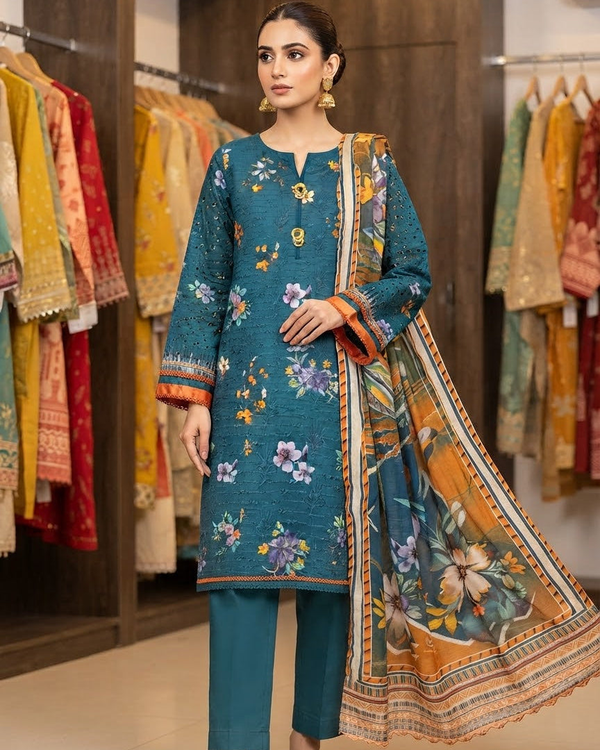 Teal Floral Embroidered Lawn Kurta Set with Dupatta