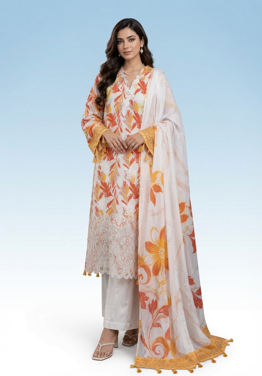 Premium Striped Lawn Digital Printed Shirt with Daman Applique Tissue Lace | Digital Printed Voil Dupatta | Comfort Dyed Trouser