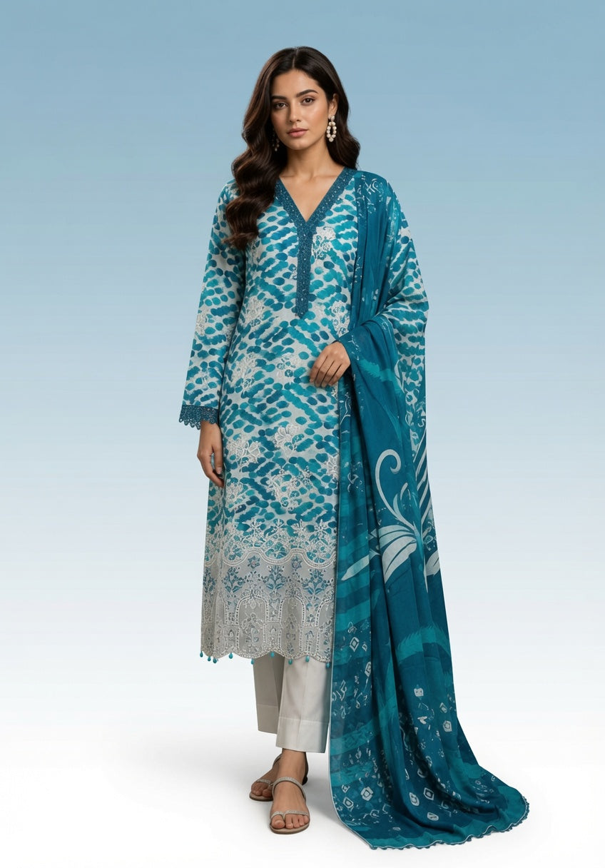 Premium Striped Lawn Digital Printed Daman Applique Tissue Lace Shirt | Digital Printed Voil Dupatta | Comfort Dyed Trouser