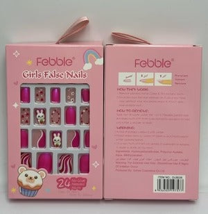 Febble Girls Cute Bunny Pink False Nails 24 Pcs